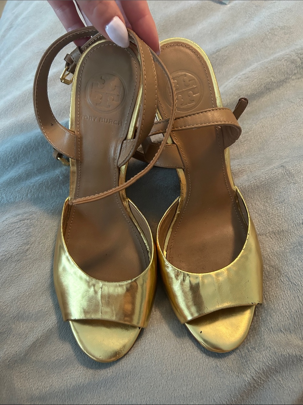 Tory Burch Metallic Gold Leather Ankle-Strap wedges